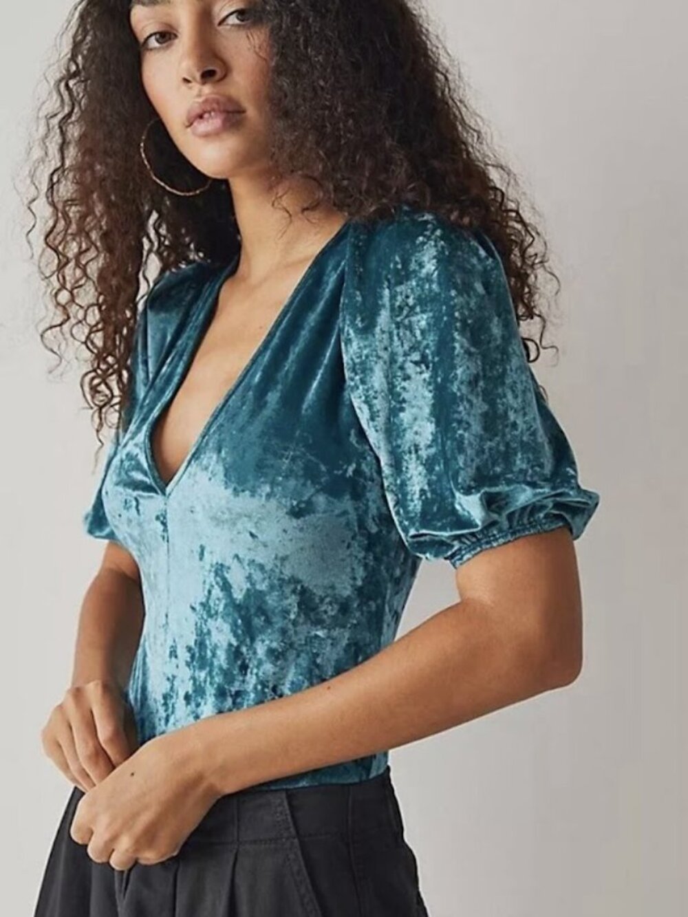NWT Free People Night Shimmer Crushed Velvet Bodysuit XS Deep Teal V Neck
